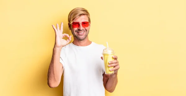 Blond Adult Man Feeling Happy Showing Approval Okay Gesture Milkshake — Stock Photo, Image