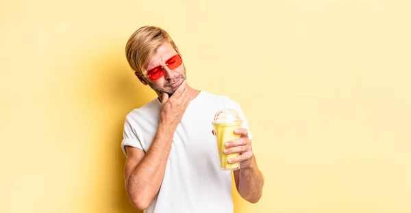 Blond Adult Man Smiling Happy Confident Expression Hand Chin Milkshake — Stock Photo, Image