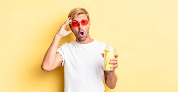 Blond Adult Man Looking Happy Astonished Surprised Milkshake — Stock Photo, Image