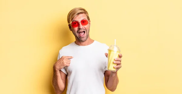 Blond Adult Man Feeling Happy Pointing Self Excited Milkshake — Stock Photo, Image