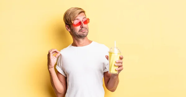 Blond Adult Man Looking Arrogant Successful Positive Proud Milkshake — Stock Photo, Image