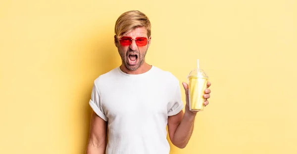 Blond Adult Man Shouting Aggressively Looking Very Angry Milkshake — Stock Photo, Image