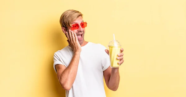 Blond Adult Man Feeling Happy Excited Surprised Milkshake — Stock Photo, Image