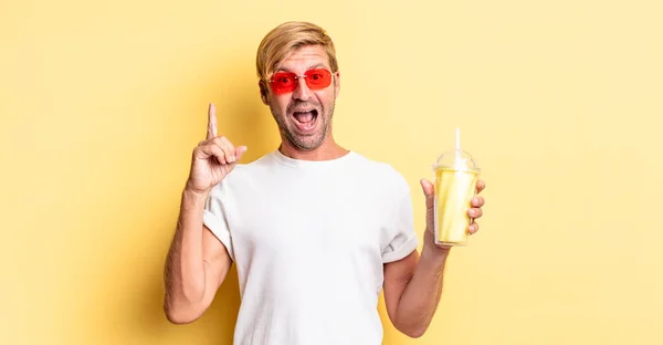 Blond Adult Man Feeling Happy Excited Genius Realizing Idea Milkshake — Stock Photo, Image