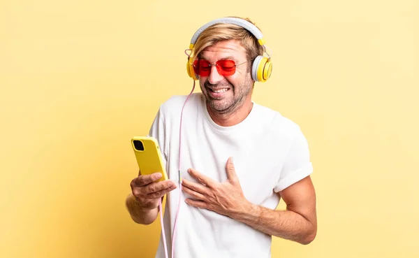 Blond Adult Man Laughing Out Loud Some Hilarious Joke Headphones — Stock Photo, Image