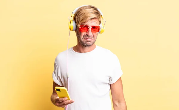 Blond Adult Man Feeling Sad Whiney Unhappy Look Crying Headphones — Stock Photo, Image