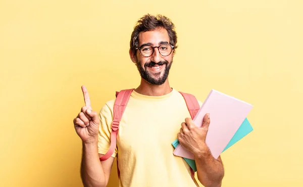 Expresivo Loco Sonriendo Buscando Amigable Mostrando Número Uno Concepto Estudiante —  Fotos de Stock