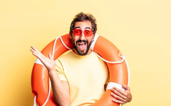 Expressive Crazy Man Feeling Happy Astonished Something Unbelievable Life Guard — Stock Photo, Image