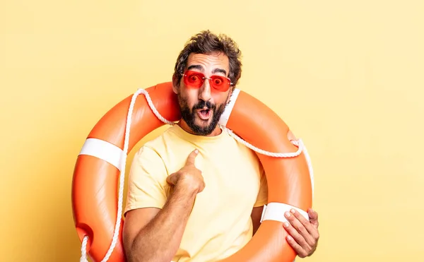 Expressive Crazy Man Feeling Happy Pointing Self Excited Life Guard — Stock Photo, Image