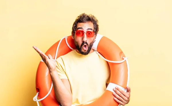 Expressive Crazy Man Amazed Shocked Astonished Unbelievable Surprise Life Guard — Stock Photo, Image