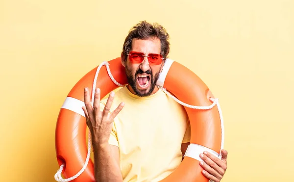 Expressive Crazy Man Looking Angry Annoyed Frustrated Life Guard Concept — Stock Photo, Image