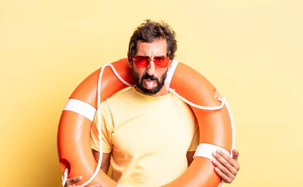 Expressive Crazy Man Feeling Disgusted Irritated Tongue Out Life Guard — Stock Photo, Image