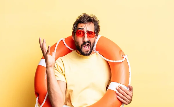 Expressive Crazy Man Screaming Hands Air Life Guard Concept — Stock Photo, Image