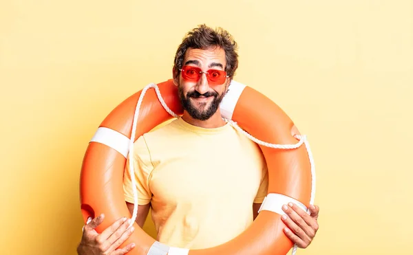 Expressivo Homem Louco Olhando Feliz Agradavelmente Surpreendido Conceito Salva Vidas — Fotografia de Stock