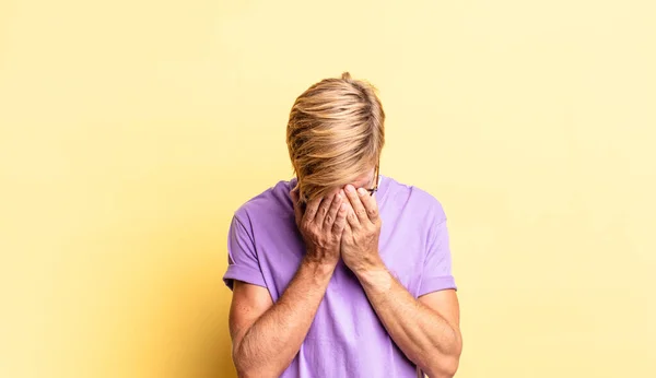 Handsome Blond Adult Man Feeling Sad Frustrated Nervous Depressed Covering — Stock Photo, Image