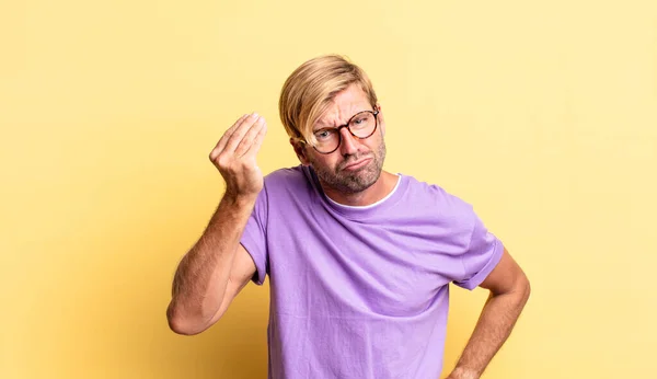 Handsome Blond Adult Man Making Capice Money Gesture Telling You — Stock Photo, Image
