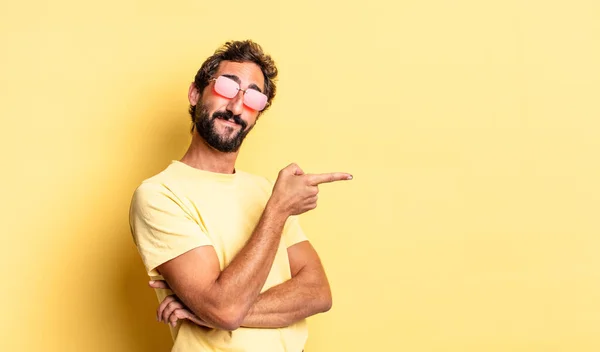 Expressive Crazy Bearded Man Wearing Sunglasses Copy Space Yellow Wall — Stock Photo, Image