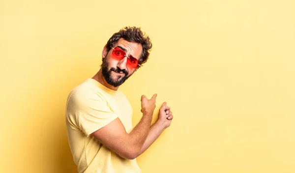 Expressive Crazy Bearded Man Wearing Sunglasses Copy Space Yellow Wall — Stock Photo, Image