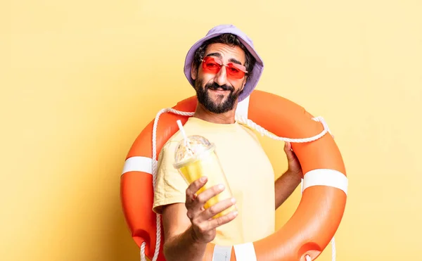 Expressive Crazy Bearded Man Wearing Hat Sun Glasses Hollidays Concept — Stock Photo, Image