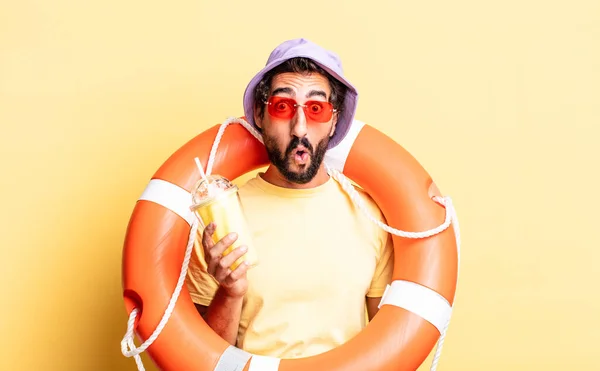 Expressive Crazy Bearded Man Wearing Hat Sun Glasses Hollidays Concept — Stock Photo, Image