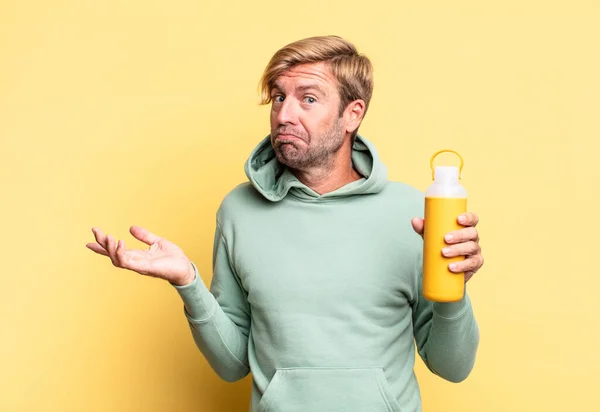 Blonde Handsome Adult Man Holding Coffee Thermos — Stock Photo, Image