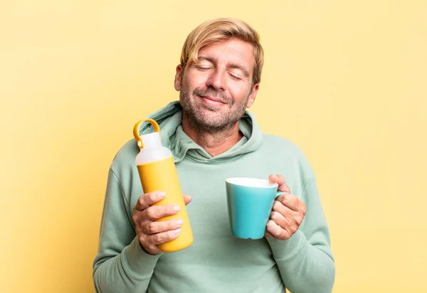 Blonde Handsome Adult Man Holding Coffee Thermos — Stock Photo, Image