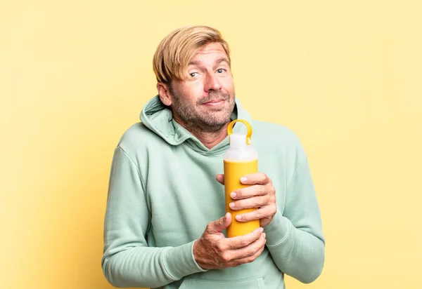 Blonde Handsome Adult Man Holding Coffee Thermos — Stock Photo, Image