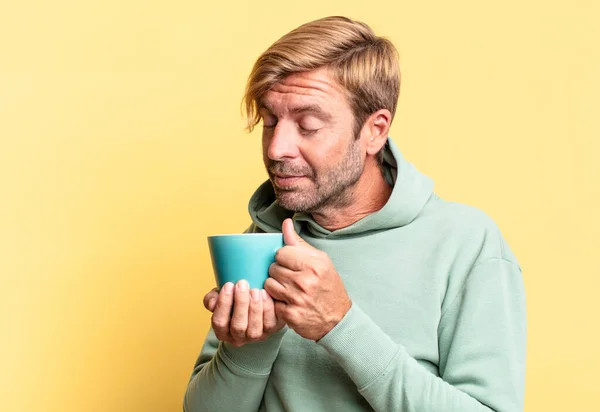 Blonde Handsome Adult Man Holding Coffee Cup — Stock Photo, Image