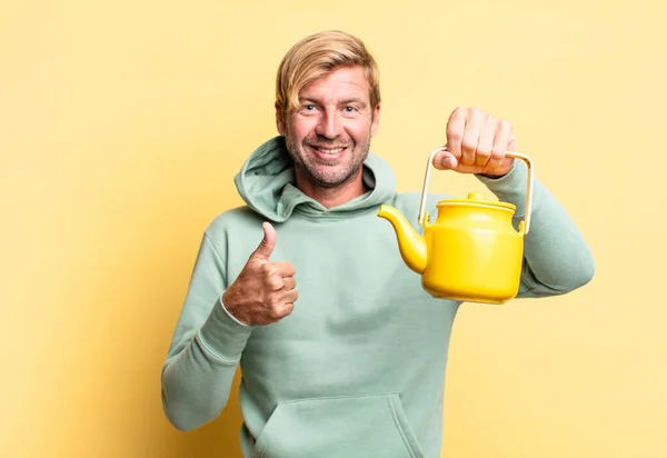 Blonde Handsome Adult Man Holding Teapot — Stock Photo, Image