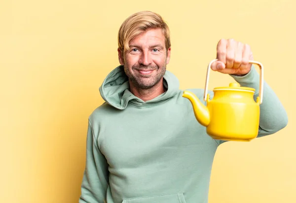 Blonde Handsome Adult Man Holding Teapot — Stock Photo, Image