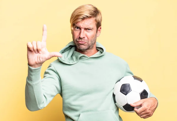 Blonde Handsome Adult Man Holding Soccer Ball — Stock Photo, Image