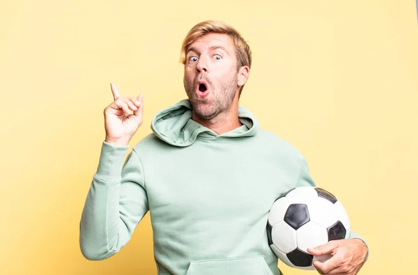 Blonde Handsome Adult Man Holding Soccer Ball — Stock Photo, Image