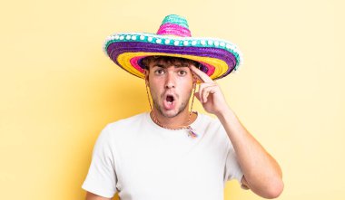 Genç yakışıklı adam şaşırmış görünüyor, yeni bir düşünce, fikir ya da konsept fark ediyor. Meksika şapkası konsepti