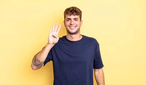 Young Handsome Man Smiling Looking Friendly Showing Number Four Fourth — Stock Photo, Image