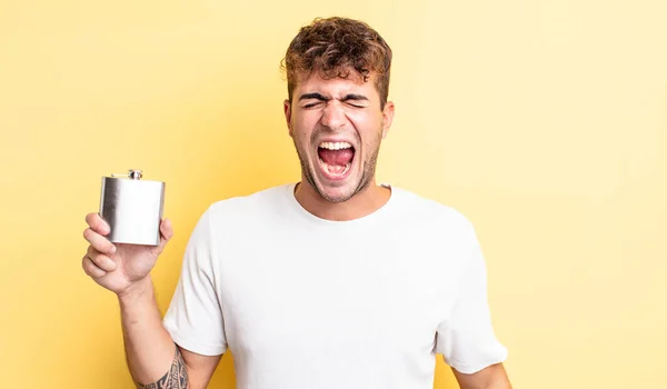 Young Handsome Man Shouting Aggressively Looking Very Angry Alcohol Flask — Stock Photo, Image