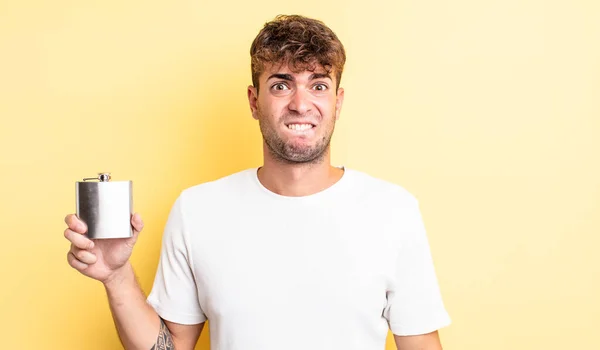 Young Handsome Man Looking Puzzled Confused Alcohol Flask Concept — Stock Photo, Image