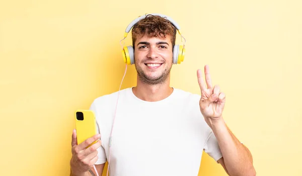 Young Handsome Man Smiling Looking Happy Gesturing Victory Peace Headphones — Stock Photo, Image
