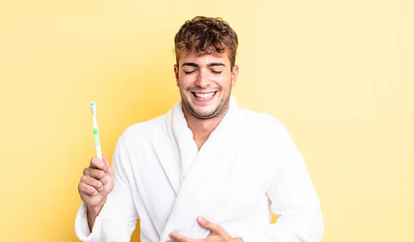 Young Handsome Man Laughing Out Loud Some Hilarious Joke Toothbrush — Stock Photo, Image