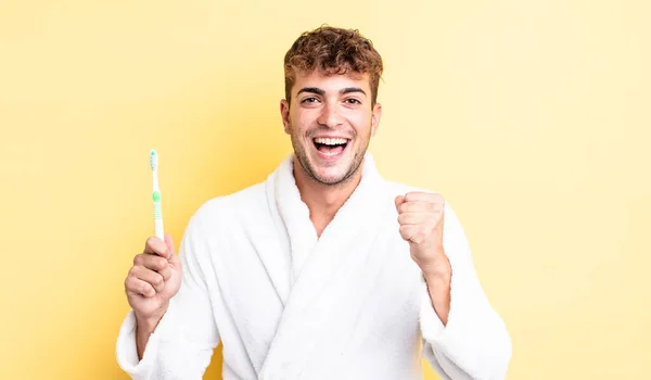 Young Handsome Man Feeling Shocked Laughing Celebrating Success Toothbrush Concept — Stock Photo, Image