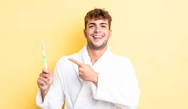 Young Handsome Man Looking Excited Surprised Pointing Side Toothbrush Concept — Stock Photo, Image