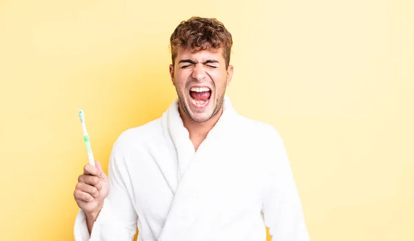Young Handsome Man Shouting Aggressively Looking Very Angry Toothbrush Concept — Stock Photo, Image