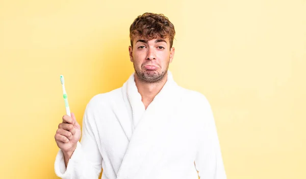 Young Handsome Man Feeling Sad Whiney Unhappy Look Crying Toothbrush — Stock Photo, Image