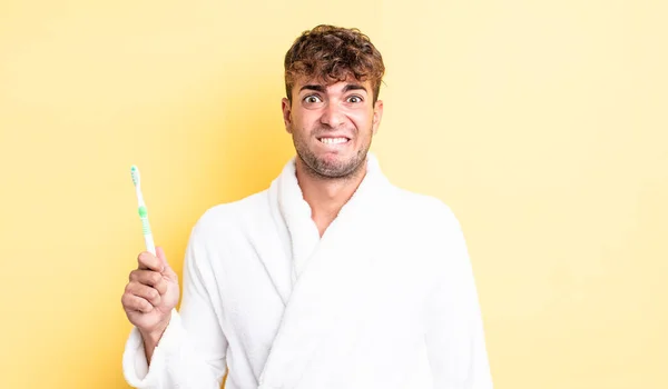 Young Handsome Man Looking Puzzled Confused Toothbrush Concept — Stock Photo, Image