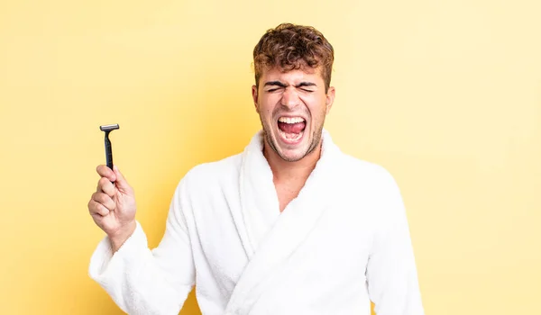 Young Handsome Man Shouting Aggressively Looking Very Angry Shaving Concept — Stock Photo, Image