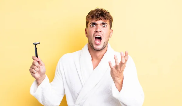 Young Handsome Man Looking Desperate Frustrated Stressed Shaving Concept — Stock Photo, Image