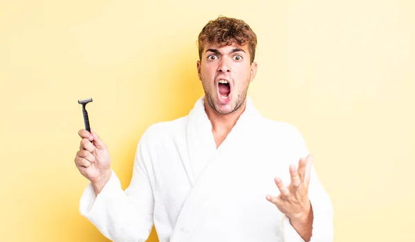 Young Handsome Man Feeling Extremely Shocked Surprised Shaving Concept — Stock Photo, Image