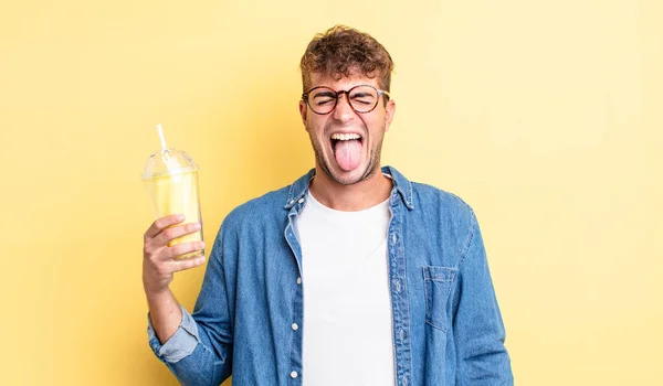 Young Handsome Man Cheerful Rebellious Attitude Joking Sticking Tongue Out — Stock Photo, Image