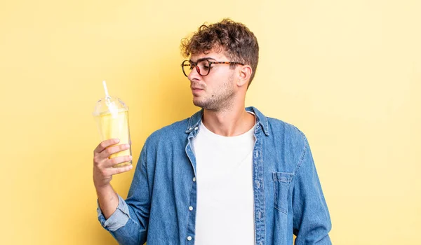 Young Handsome Man Feeling Sad Upset Angry Looking Side Milkshake — Stock Photo, Image