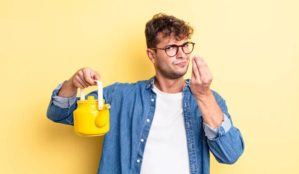 Jovem Homem Bonito Fazendo Capice Gesto Dinheiro Dizendo Lhe Para — Fotografia de Stock