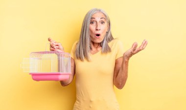 Orta yaşlı, güzel bir kadın inanılmaz bir sürprizle şaşkına dönmüş ve hayrete düşmüştü. evcil hayvan kafesi veya hapishane konsepti